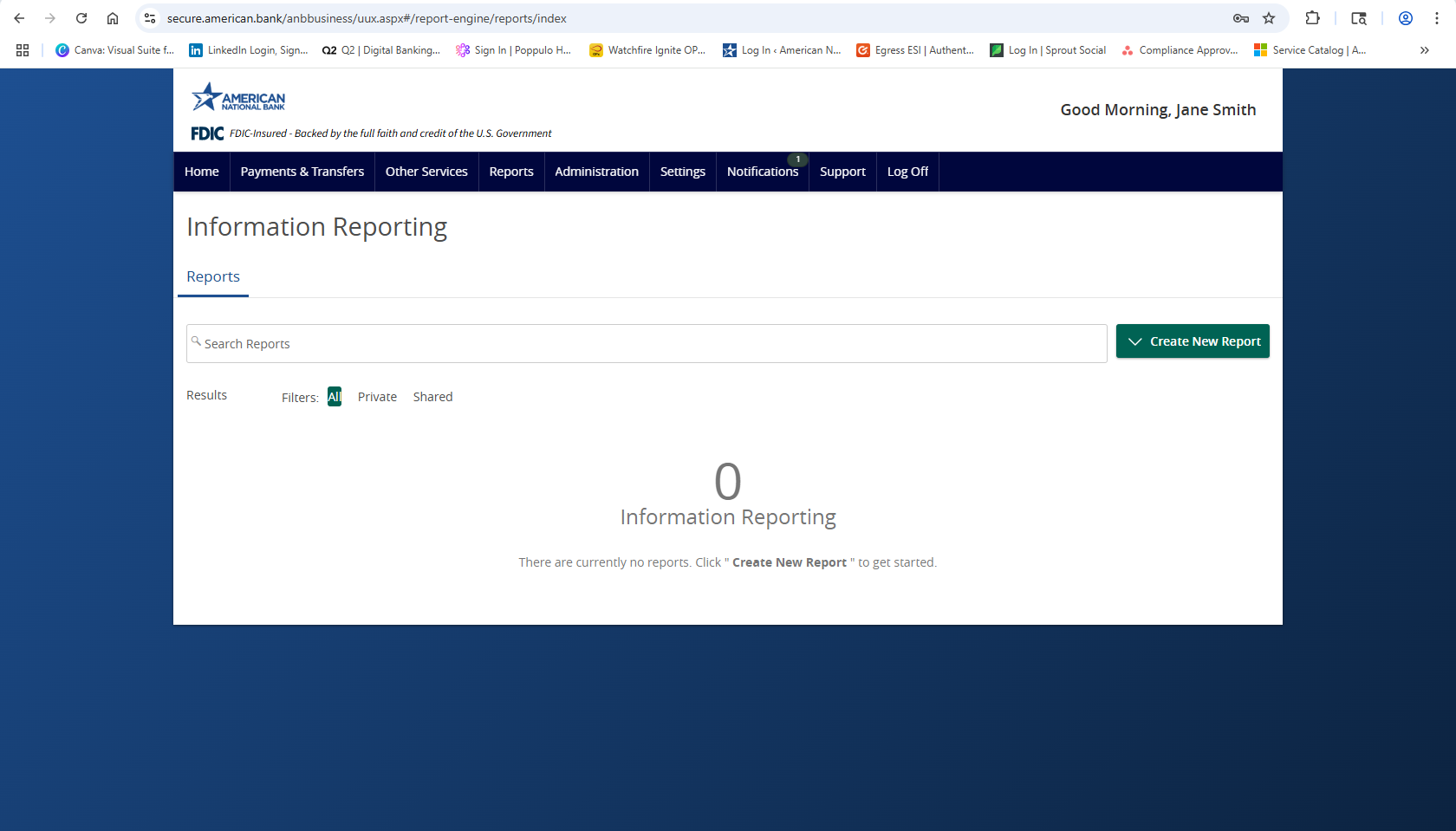 Screenshot of the reports page on ANB Go Business
